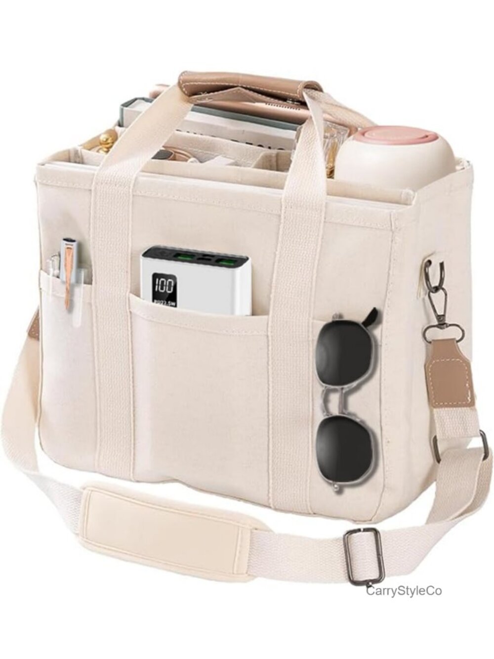 Multi-Pocket Canvas Tote Bag Large Capacity Shoulder Crossbody Handbag